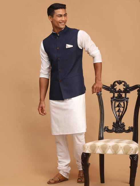 Vastramay Men's Navy Blue Solid Cotton Nehru Jacket With White Kurta And Pyjama Set
